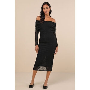 Lulus Demurely Chic Black Mesh Textured Off-the-shoulder Midi Dress - Size M
